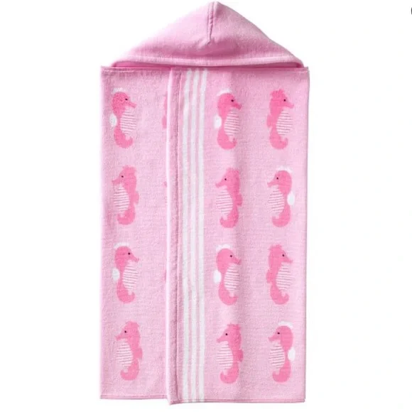 Pottery Barn Baby Beach Hooded Towel Pink Seahorse Icon UPF 50 Pool Vacation NWT - Picture 3 of 4